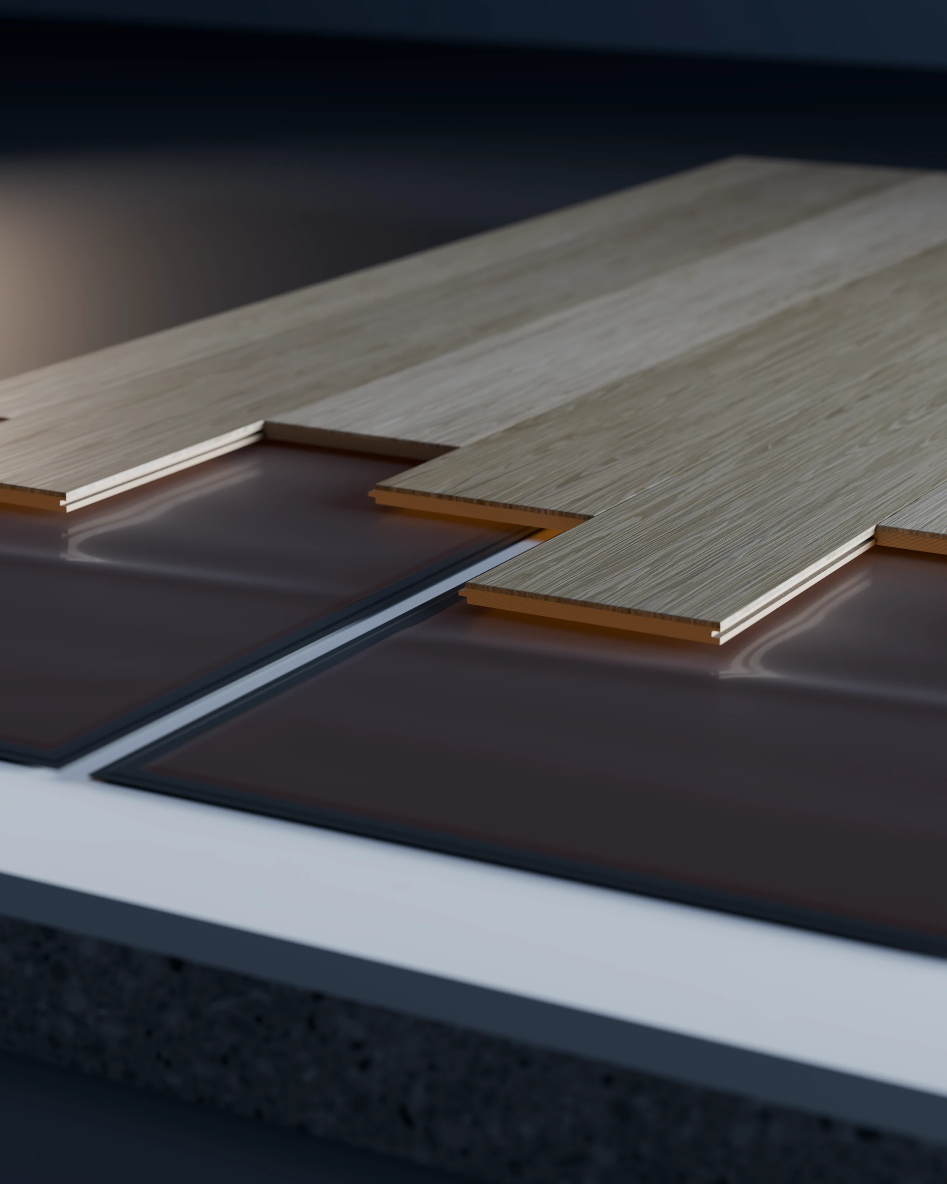 CG cutaway: wood floorboards laid over copper-coloured heating film panels on a slab.