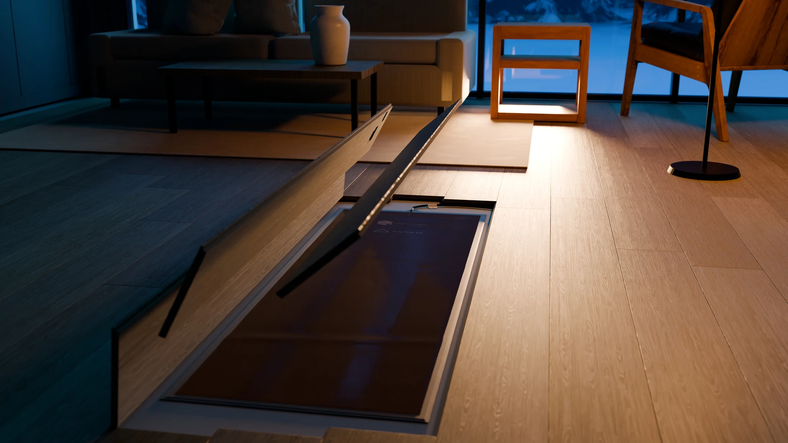 CG living room with wood floorboards lifted to show the dark heating film laid beneath the finish.