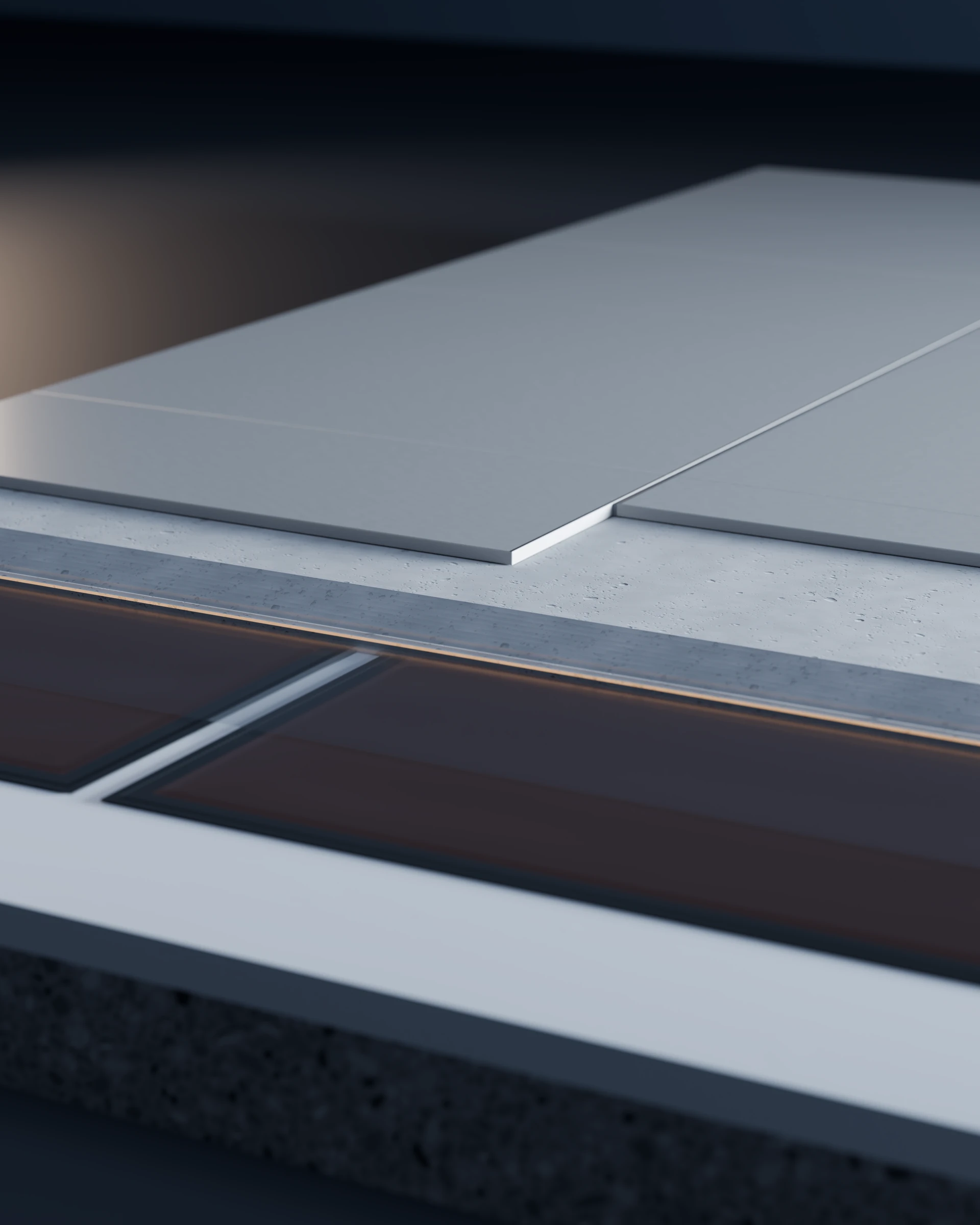 CG cutaway: large tiles over a screed layer covering copper-coloured heating film panels on a slab.