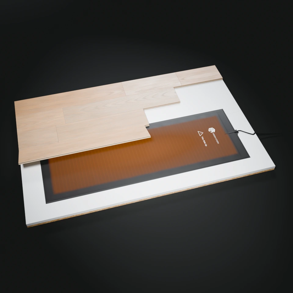 Cutaway: broad heating film beneath a lifted wood floor.