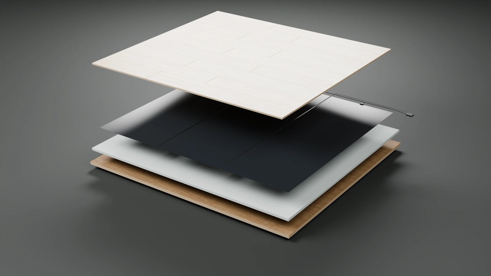 Rendered separated floor assembly: wood finish above graphite heating film, insulation and a supporting floor.