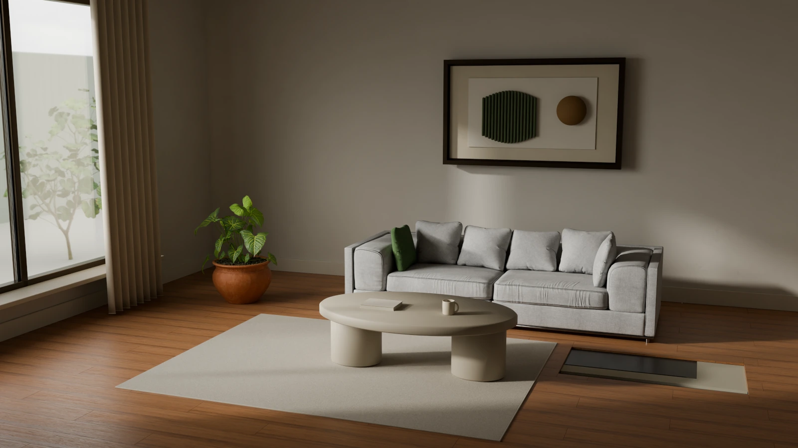 Rendered living room with an ivory sofa, stone table and a floor cutaway showing the heating film beneath the finish.