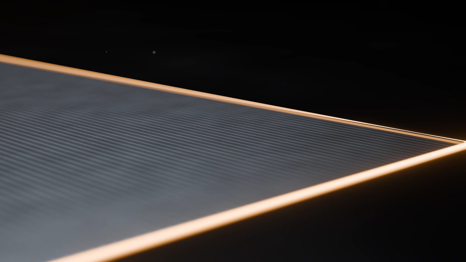 CG close view of a dark traced film surface with copper-coloured edges on a dark studio ground.