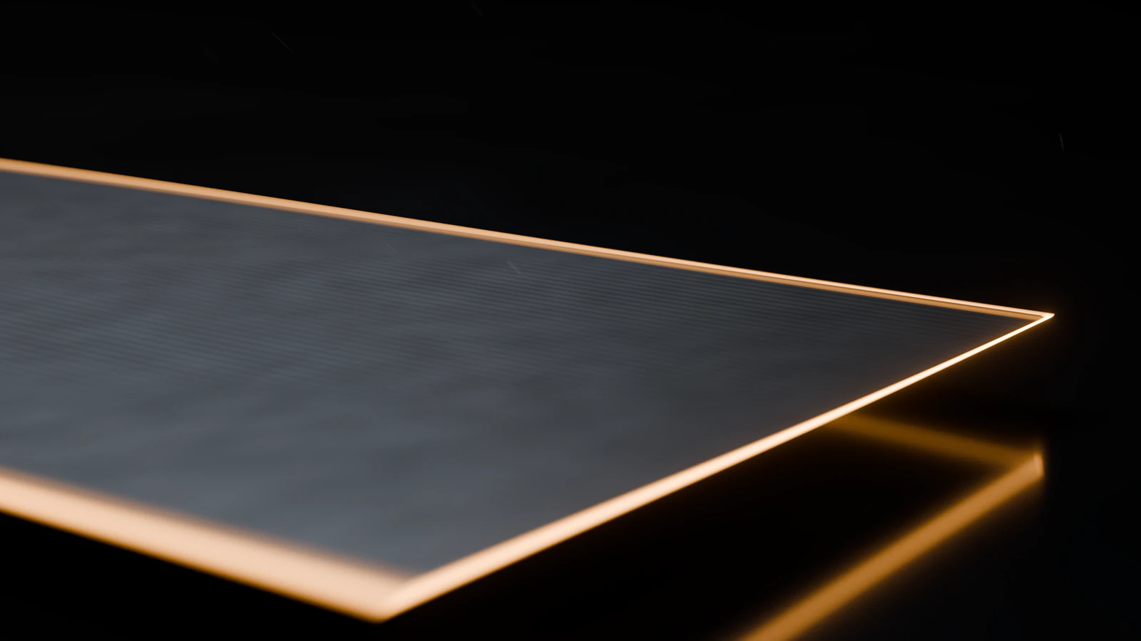 CG oblique view of a broad flat film panel, showing its surface and copper-coloured perimeter.