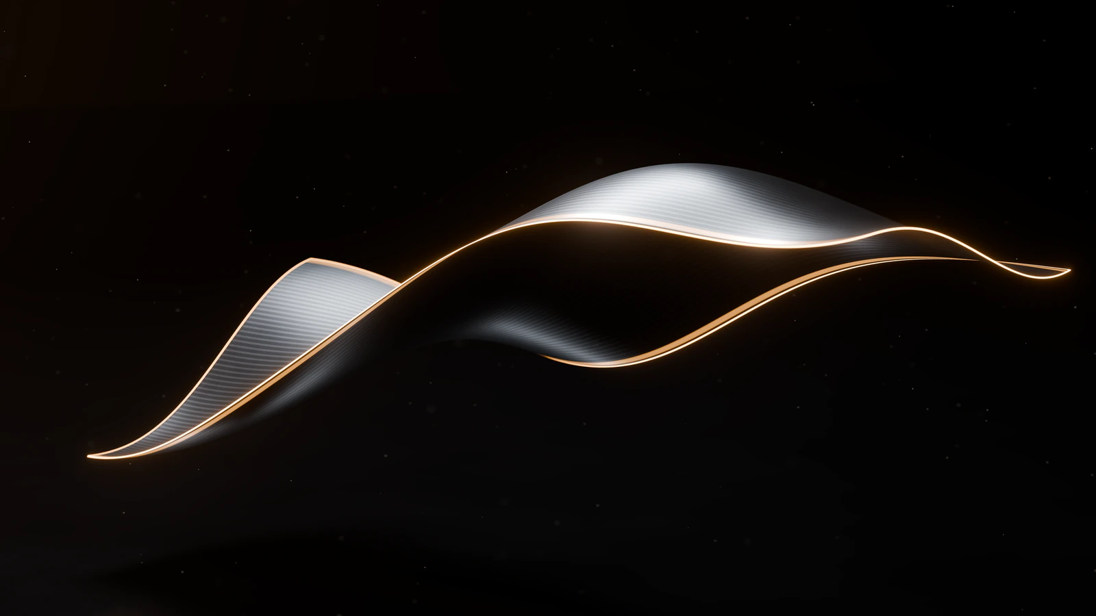 CG view of a curved thin film sheet, with its dark underside and reflected edge visible.