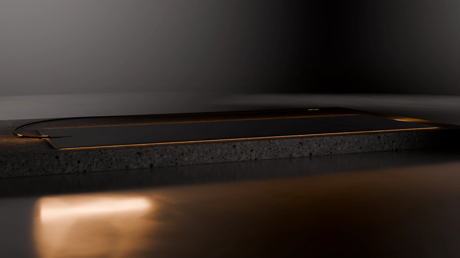 CG close view of a dark heating panel edge with a warm copper-coloured glow on a dark studio floor.