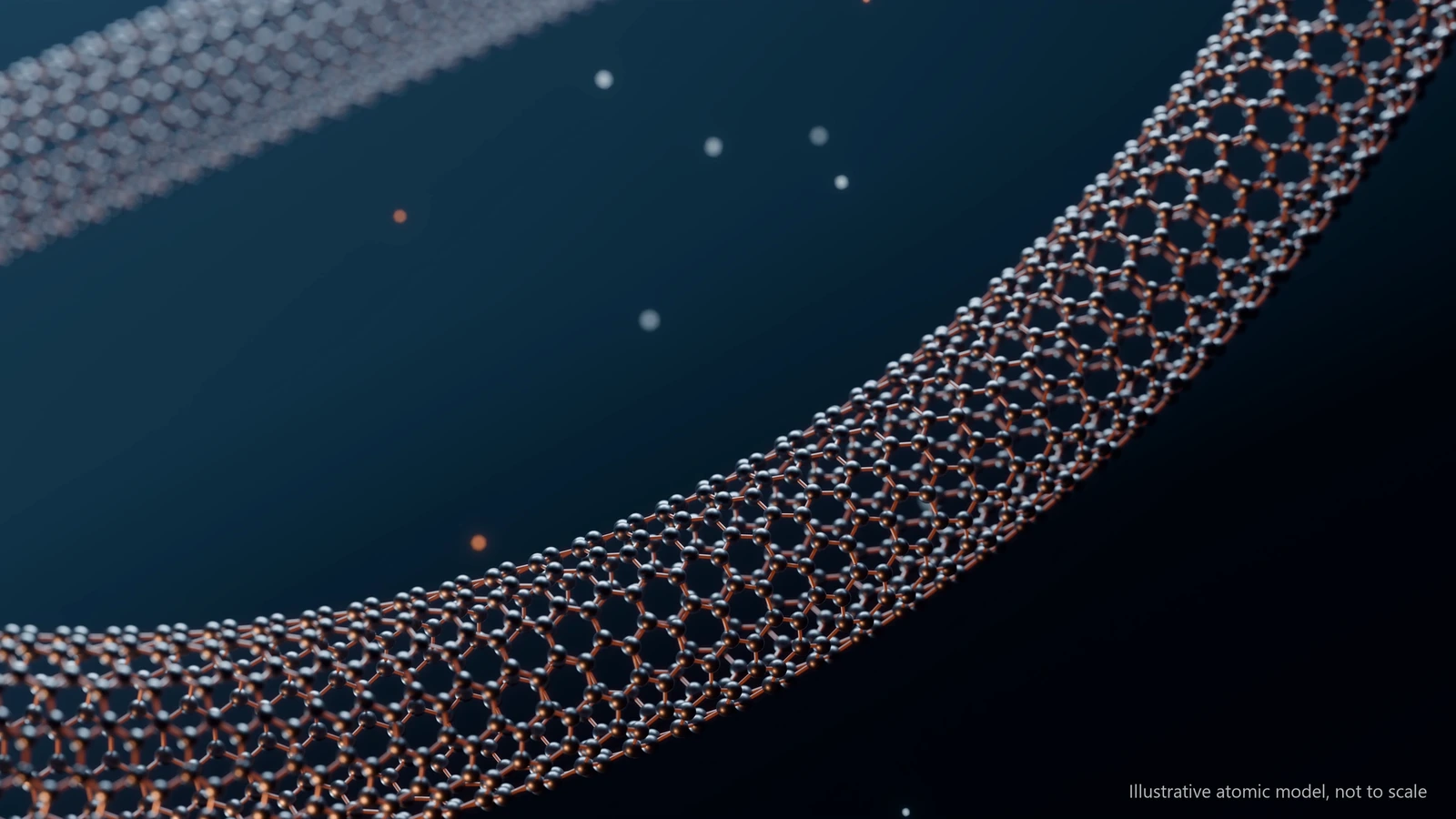 Illustrative CG model of a carbon nanotube: a curved lattice of linked atoms against a dark blue field. Not microscopy and not to scale.